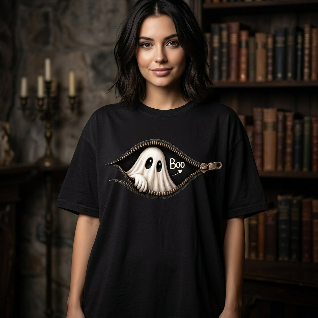Ghost Peeking Out Zipper Halloween T-shirt Sweatshirt Hoodie – Cute Spooky Gift - mockup 3