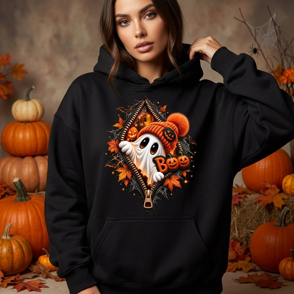 Cute Ghost Beanie Zipper Reveal Halloween T-shirt Sweatshirt Hoodie – Fall Gift - mockup 1