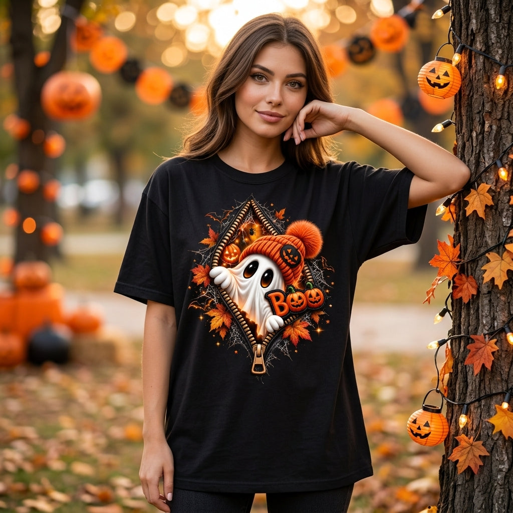Cute Ghost Beanie Zipper Reveal Halloween T-shirt Sweatshirt Hoodie – Fall Gift - mockup 3