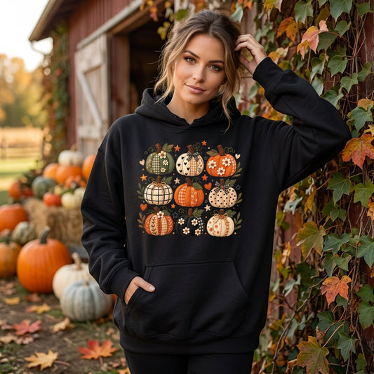 Patchwork Pumpkin Grid T-shirt Sweatshirt Hoodie – Cute Fall Autumn Apparel - mockup 1