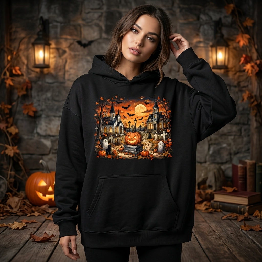 Spooky Halloween Graveyard Scene T-shirt Sweatshirt Hoodie – Vintage Autumn Jack-O'-Lantern - mockup 1