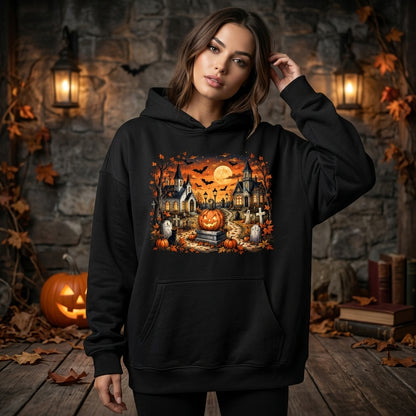 Spooky Halloween Graveyard Scene T-shirt Sweatshirt Hoodie – Vintage Autumn Jack-O'-Lantern - mockup 1
