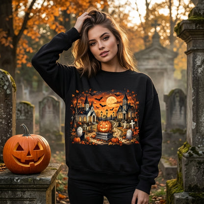 Spooky Halloween Graveyard Scene T-shirt Sweatshirt Hoodie – Vintage Autumn Jack-O'-Lantern - mockup 2