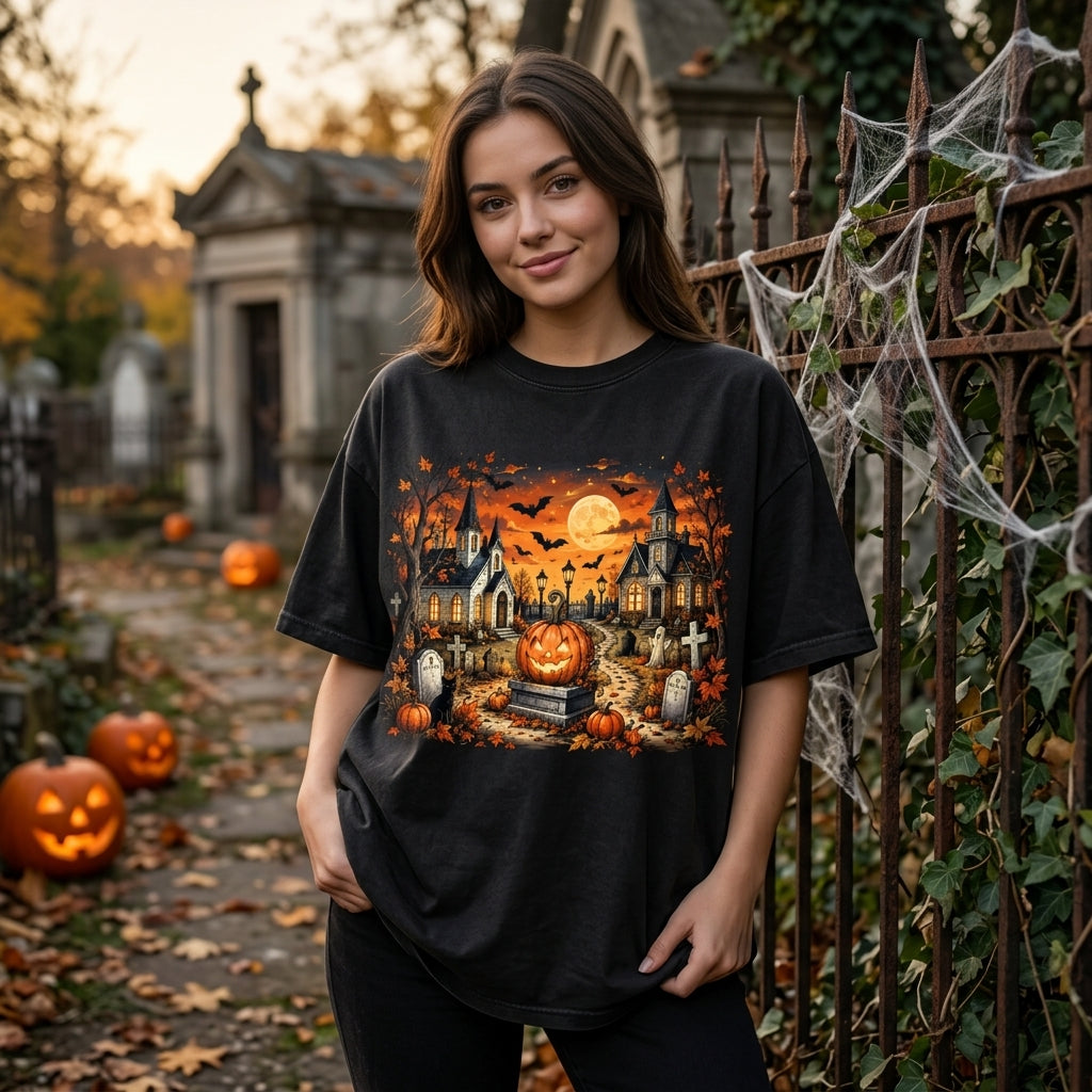 Spooky Halloween Graveyard Scene T-shirt Sweatshirt Hoodie – Vintage Autumn Jack-O'-Lantern - mockup 3