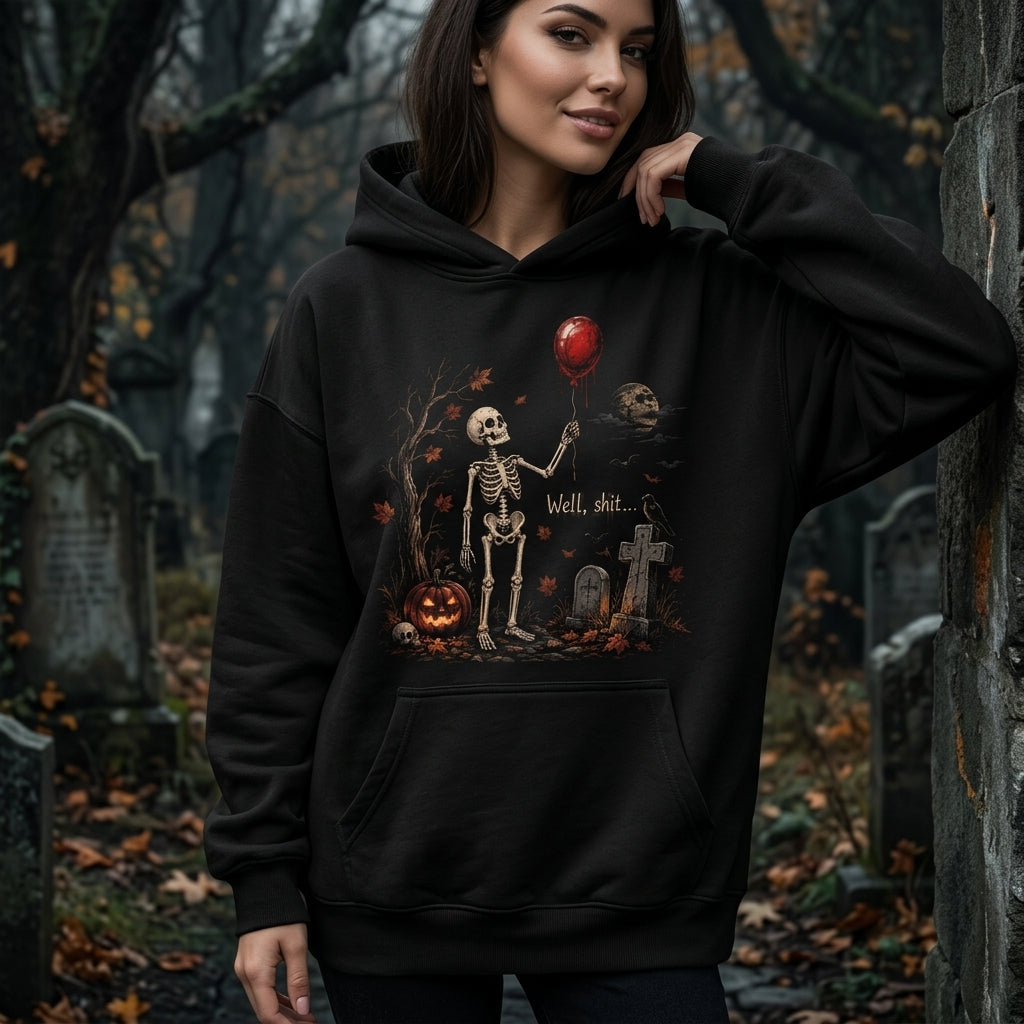 Well Shit Skeleton with Red Balloon T-shirt Sweatshirt Hoodie – Funny Halloween Gift - mockup 1
