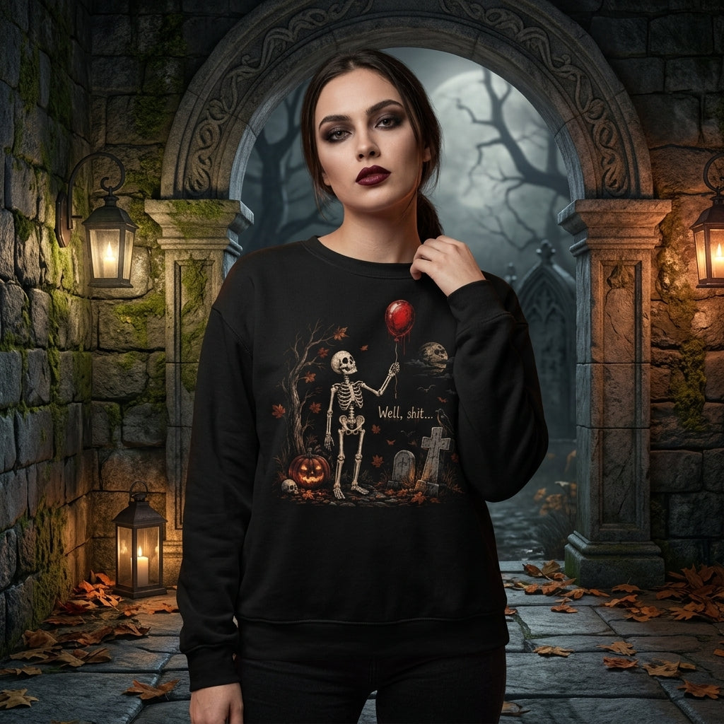 Well Shit Skeleton with Red Balloon T-shirt Sweatshirt Hoodie – Funny Halloween Gift - mockup 2