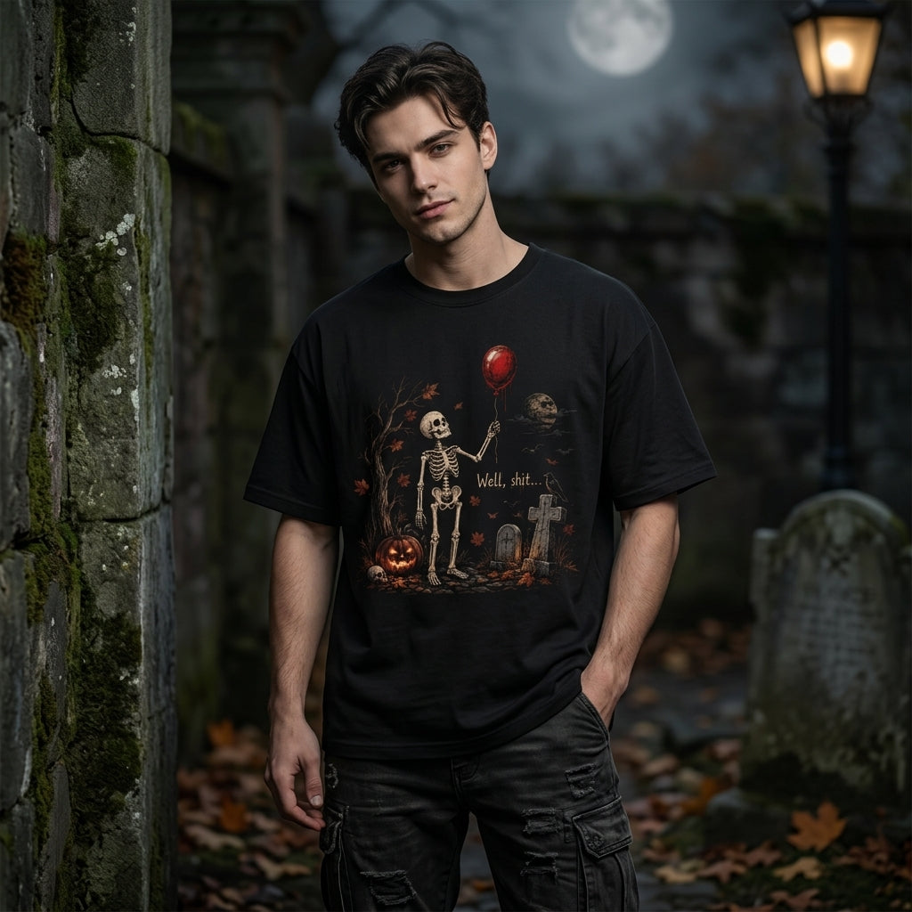 Well Shit Skeleton with Red Balloon T-shirt Sweatshirt Hoodie – Funny Halloween Gift - mockup 3