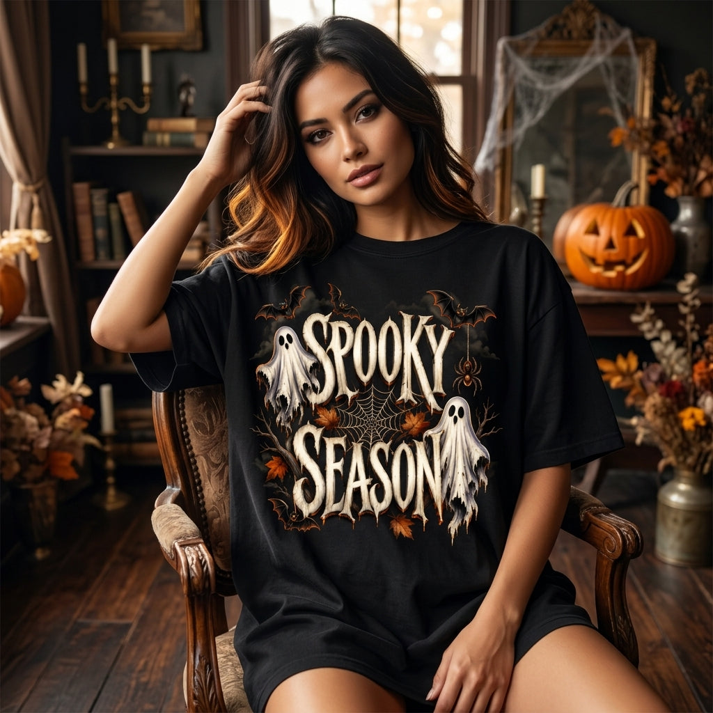 Spooky Season Halloween Ghost and Bats T-shirt Sweatshirt Hoodie – Fall Apparel - mockup 3