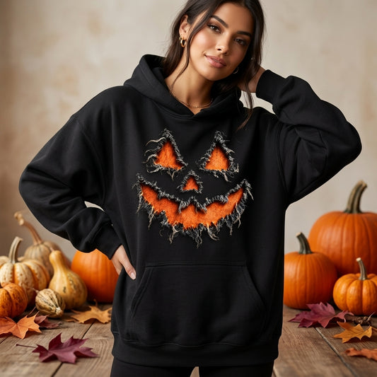 Distressed Jack O' Lantern Frayed Pumpkin Face T-shirt Sweatshirt Hoodie - mockup 1