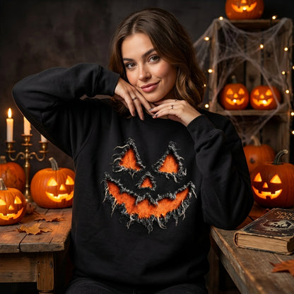 Distressed Jack O' Lantern Frayed Pumpkin Face T-shirt Sweatshirt Hoodie - mockup 2