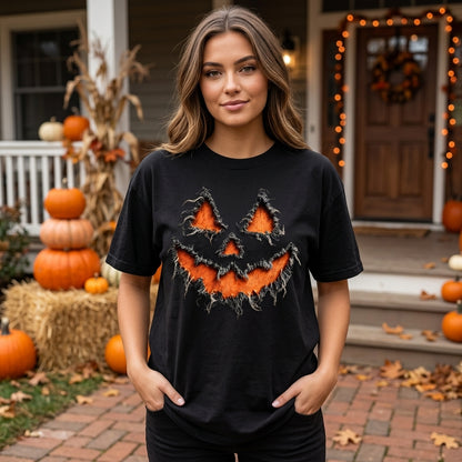Distressed Jack O' Lantern Frayed Pumpkin Face T-shirt Sweatshirt Hoodie - mockup 3