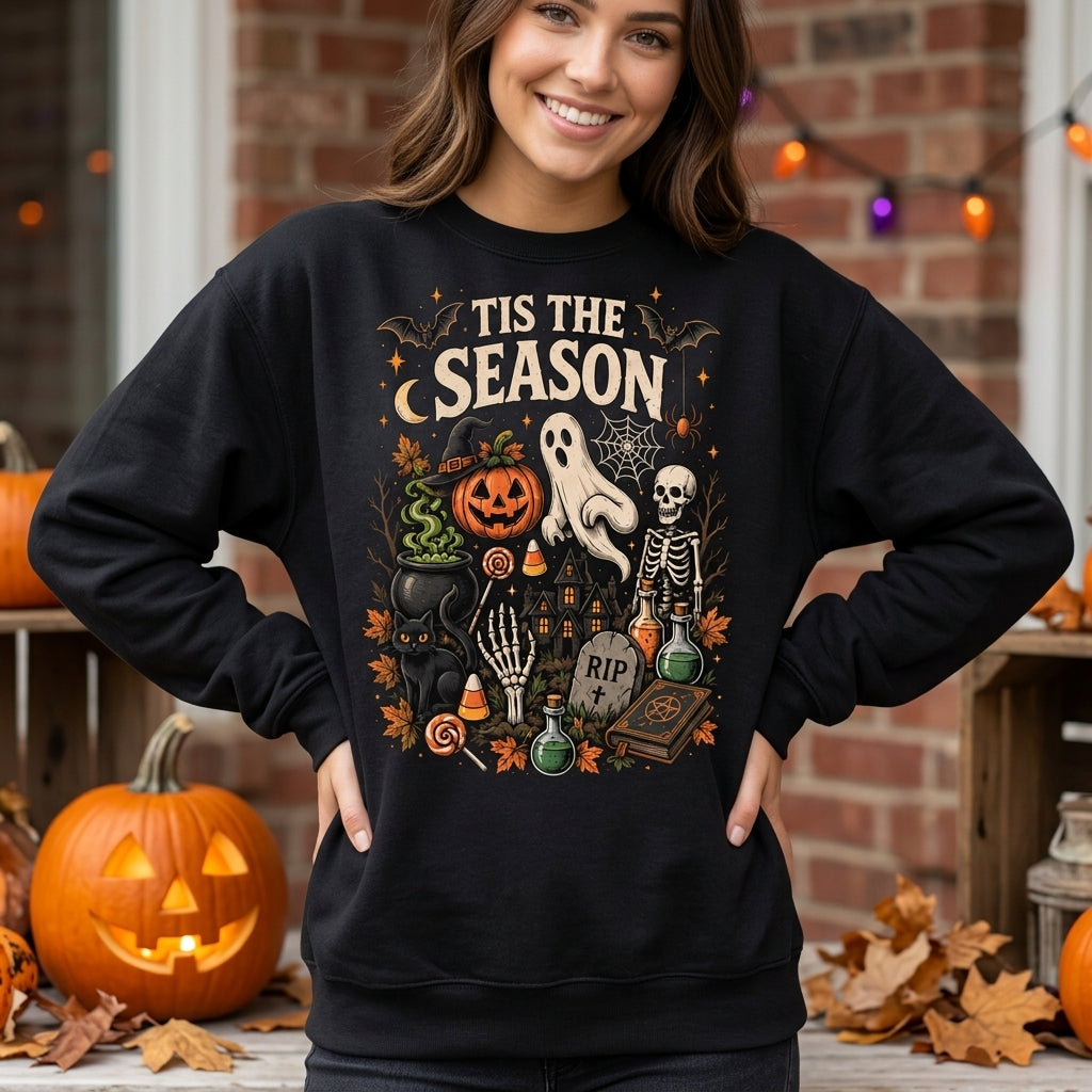 Tis The Season Vintage Halloween T-shirt Sweatshirt Hoodie – Spooky Season Apparel - mockup 2