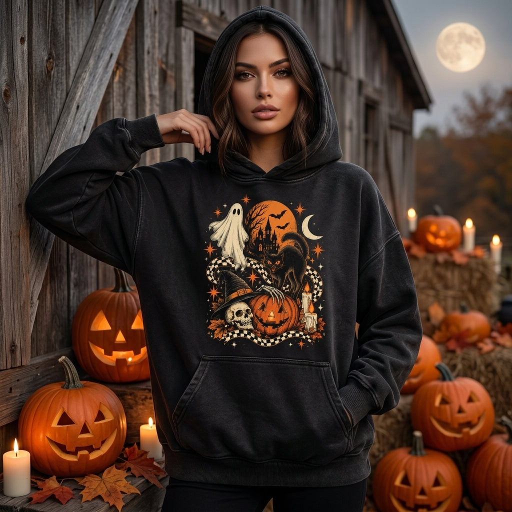 Vintage Halloween Ghost and Black Cat T-shirt Sweatshirt Hoodie – Retro Spooky Graphic - mockup 1