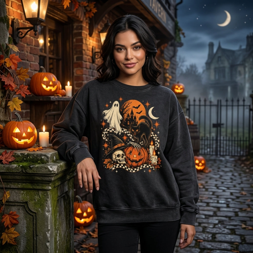Vintage Halloween Ghost and Black Cat T-shirt Sweatshirt Hoodie – Retro Spooky Graphic - mockup 2