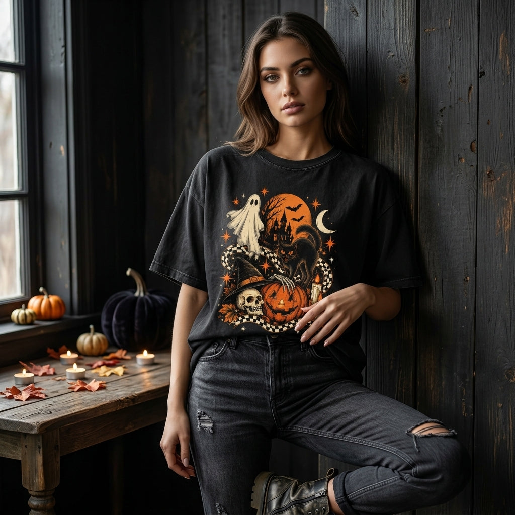 Vintage Halloween Ghost and Black Cat T-shirt Sweatshirt Hoodie – Retro Spooky Graphic - mockup 3