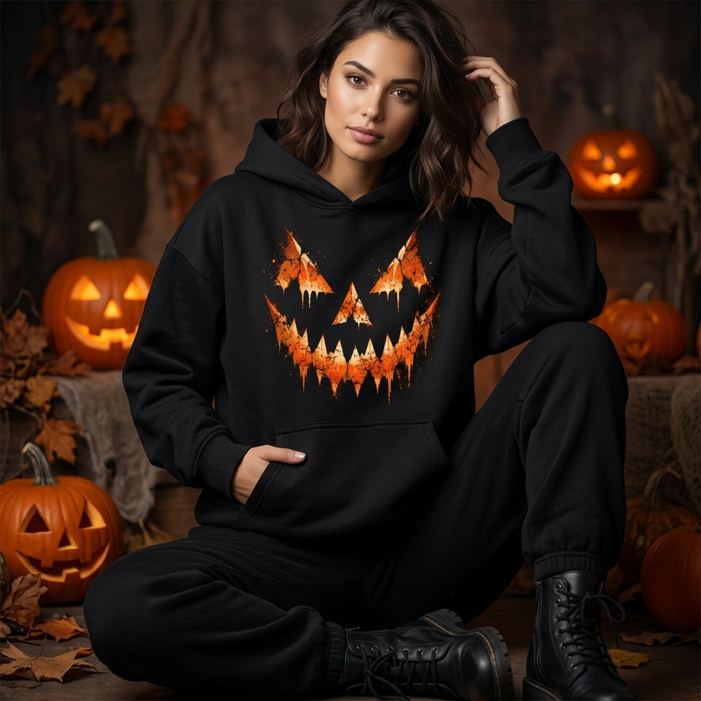 Distressed Jack-o'-lantern Pumpkin Face T-shirt Sweatshirt Hoodie – Spooky Halloween Apparel - mockup 1