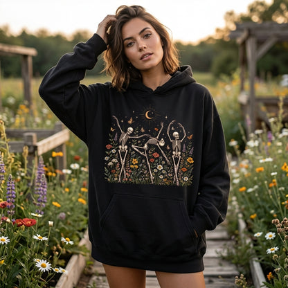 Dancing Skeletons in Wildflower Garden T-shirt Sweatshirt Hoodie - Whimsical Nature Gift - mockup 1