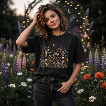 Dancing Skeletons in Wildflower Garden T-shirt Sweatshirt Hoodie - Whimsical Nature Gift - mockup 3