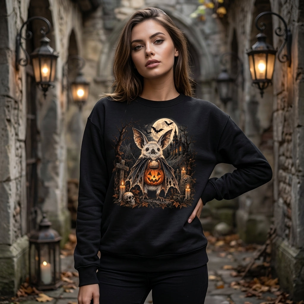 Cute Spooky Bat with Pumpkin Jack-o'-Lantern T-shirt Sweatshirt Hoodie – Halloween Gift - mockup 2