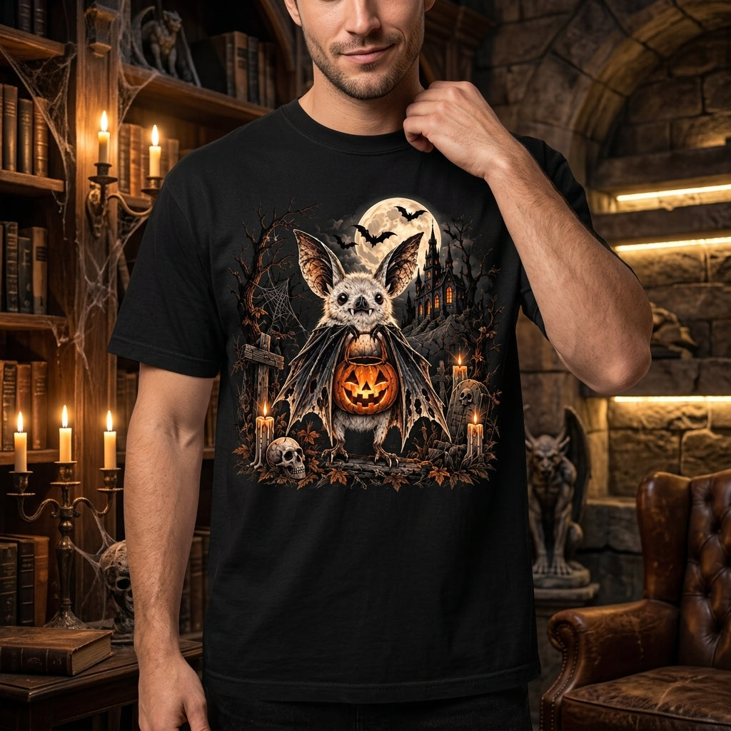 Cute Spooky Bat with Pumpkin Jack-o'-Lantern T-shirt Sweatshirt Hoodie – Halloween Gift - mockup 3