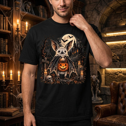 Cute Spooky Bat with Pumpkin Jack-o'-Lantern T-shirt Sweatshirt Hoodie – Halloween Gift - mockup 3