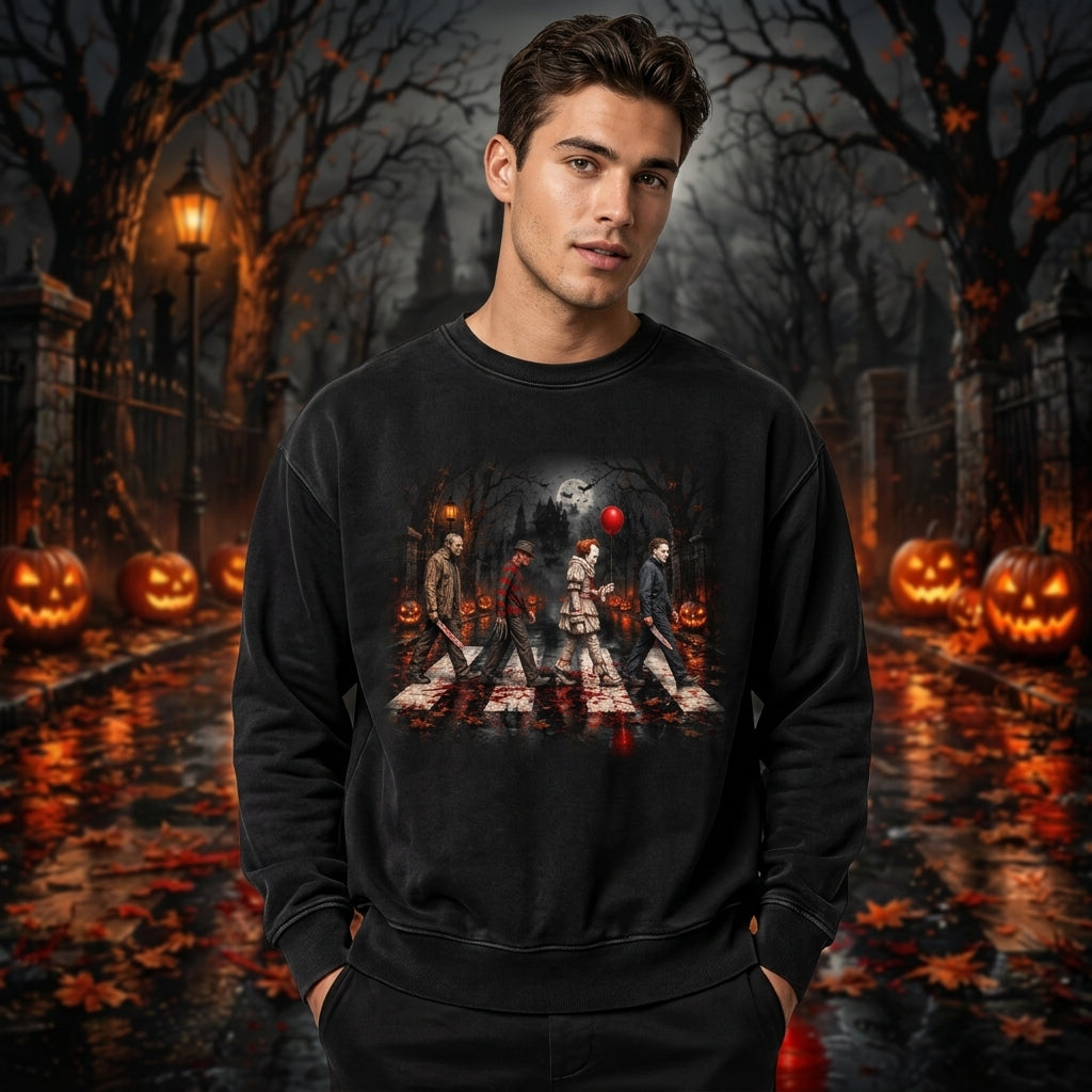 Horror Movie Icons Abbey Road Parody T-shirt Sweatshirt Hoodie – Spooky Slasher Fan Gift - mockup 2
