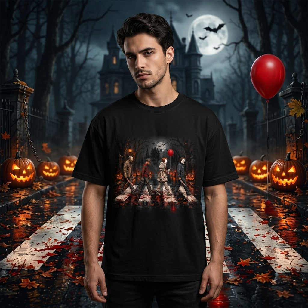 Horror Movie Icons Abbey Road Parody T-shirt Sweatshirt Hoodie – Spooky Slasher Fan Gift - mockup 3