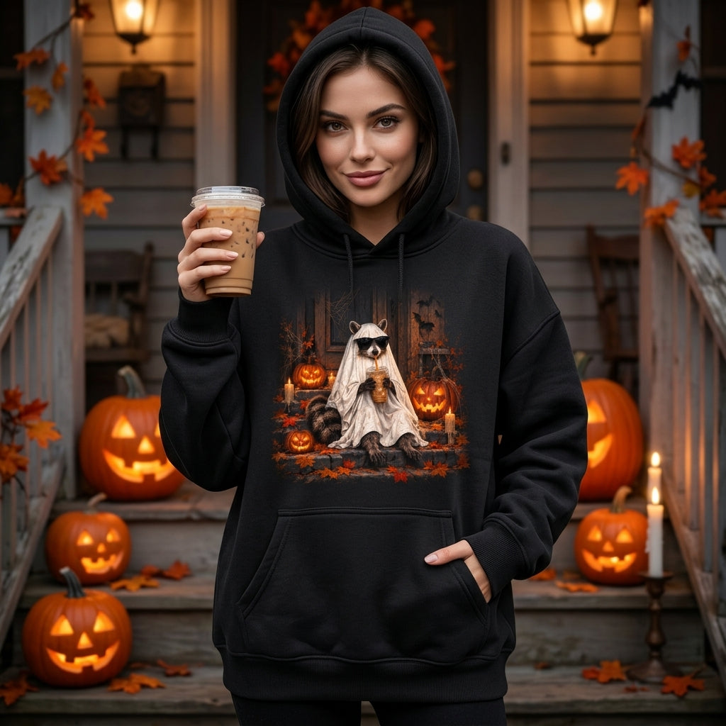 Ghost Raccoon with Iced Coffee Halloween T-shirt Sweatshirt Hoodie – Spooky Season Gift - mockup 1