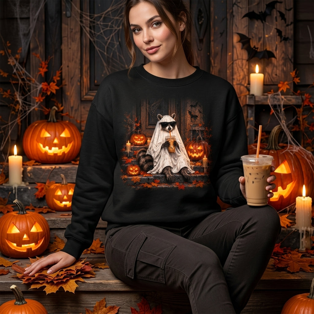 Ghost Raccoon with Iced Coffee Halloween T-shirt Sweatshirt Hoodie – Spooky Season Gift - mockup 2