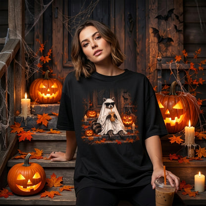 Ghost Raccoon with Iced Coffee Halloween T-shirt Sweatshirt Hoodie – Spooky Season Gift - mockup 3