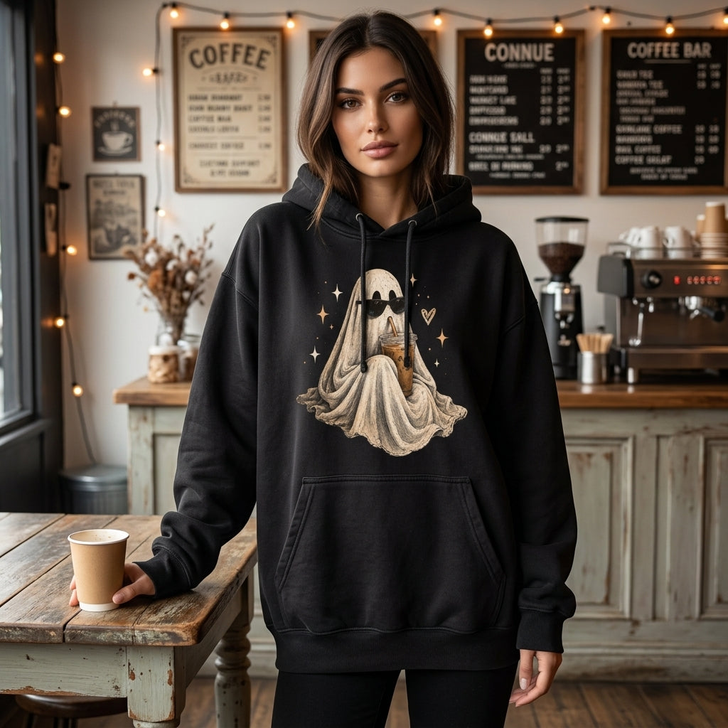 Cool Ghost with Sunglasses and Iced Coffee T-shirt Sweatshirt Hoodie - Cute Halloween Gift - mockup 1