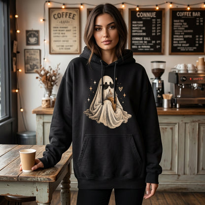 Cool Ghost with Sunglasses and Iced Coffee T-shirt Sweatshirt Hoodie - Cute Halloween Gift - mockup 1