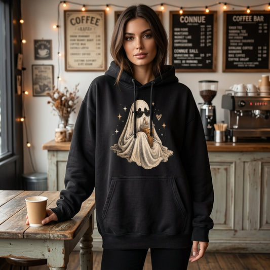 Cool Ghost with Sunglasses and Iced Coffee T-shirt Sweatshirt Hoodie - Cute Halloween Gift - mockup 1