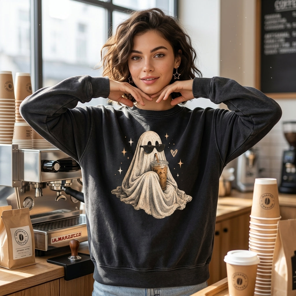 Cool Ghost with Sunglasses and Iced Coffee T-shirt Sweatshirt Hoodie - Cute Halloween Gift - mockup 2