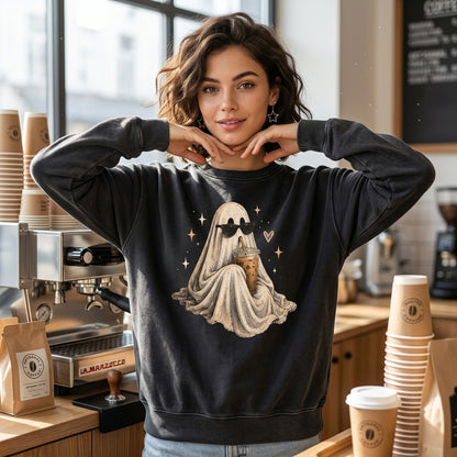 Cool Ghost with Sunglasses and Iced Coffee T-shirt Sweatshirt Hoodie - Cute Halloween Gift - mockup 2