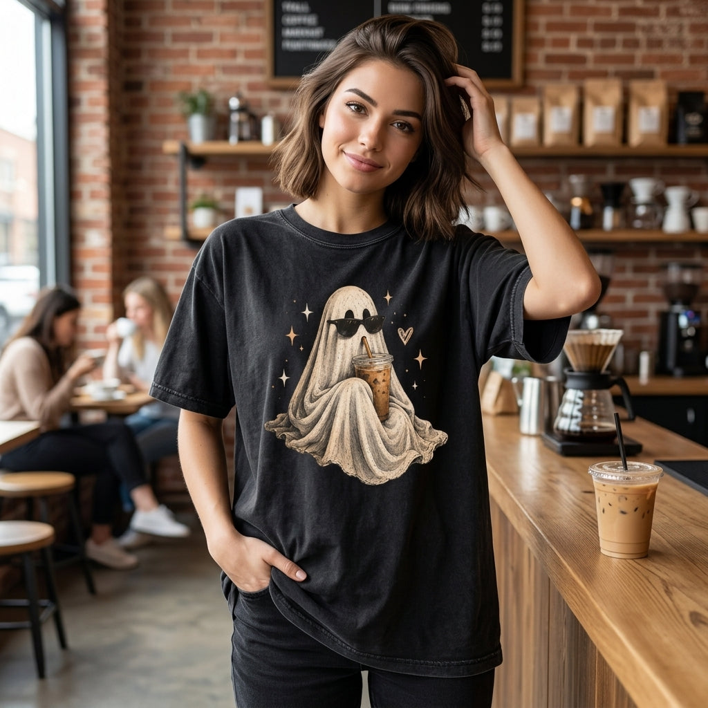 Cool Ghost with Sunglasses and Iced Coffee T-shirt Sweatshirt Hoodie - Cute Halloween Gift - mockup 3