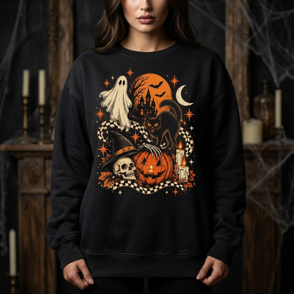 Vintage Halloween Ghost and Black Cat T-shirt Sweatshirt Hoodie – Spooky Autumn Apparel - mockup 1