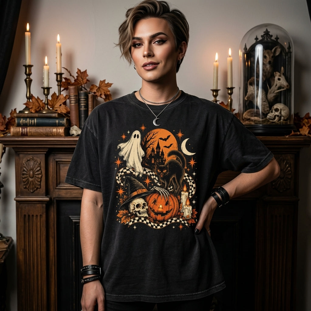 Vintage Halloween Ghost and Black Cat T-shirt Sweatshirt Hoodie – Spooky Autumn Apparel - mockup 3