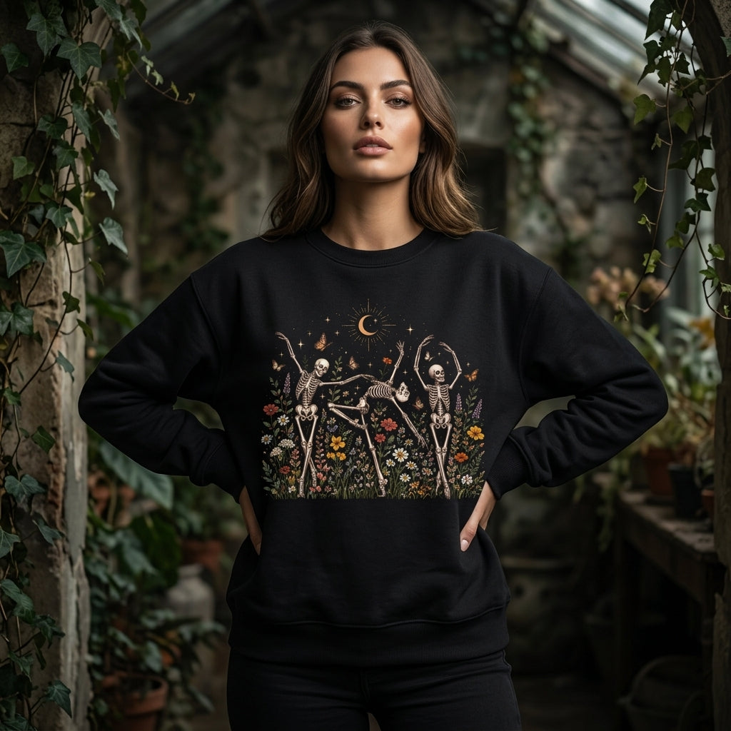 Dancing Skeletons in Wildflower Garden T-shirt Sweatshirt Hoodie – Celestial Gift - mockup 1
