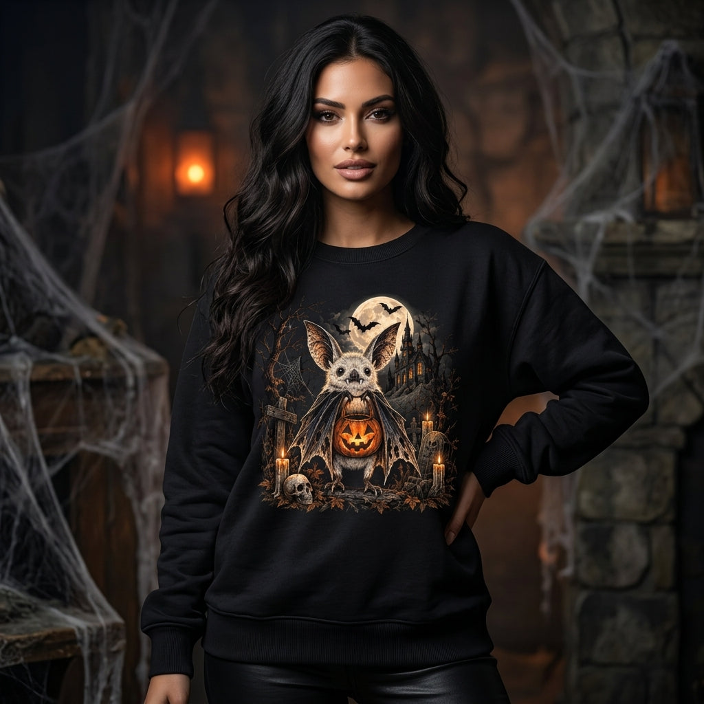 Spooky Bat with Jack-o'-lantern Halloween T-shirt Sweatshirt Hoodie - Gothic Graveyard Design - mockup 1