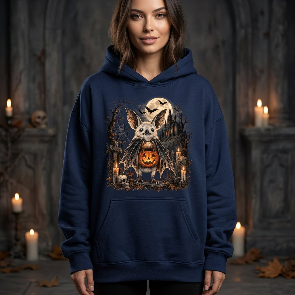 Spooky Bat with Jack-o'-lantern Halloween T-shirt Sweatshirt Hoodie - Gothic Graveyard Design - mockup 2