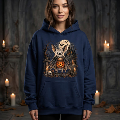 Spooky Bat with Jack-o'-lantern Halloween T-shirt Sweatshirt Hoodie - Gothic Graveyard Design - mockup 2
