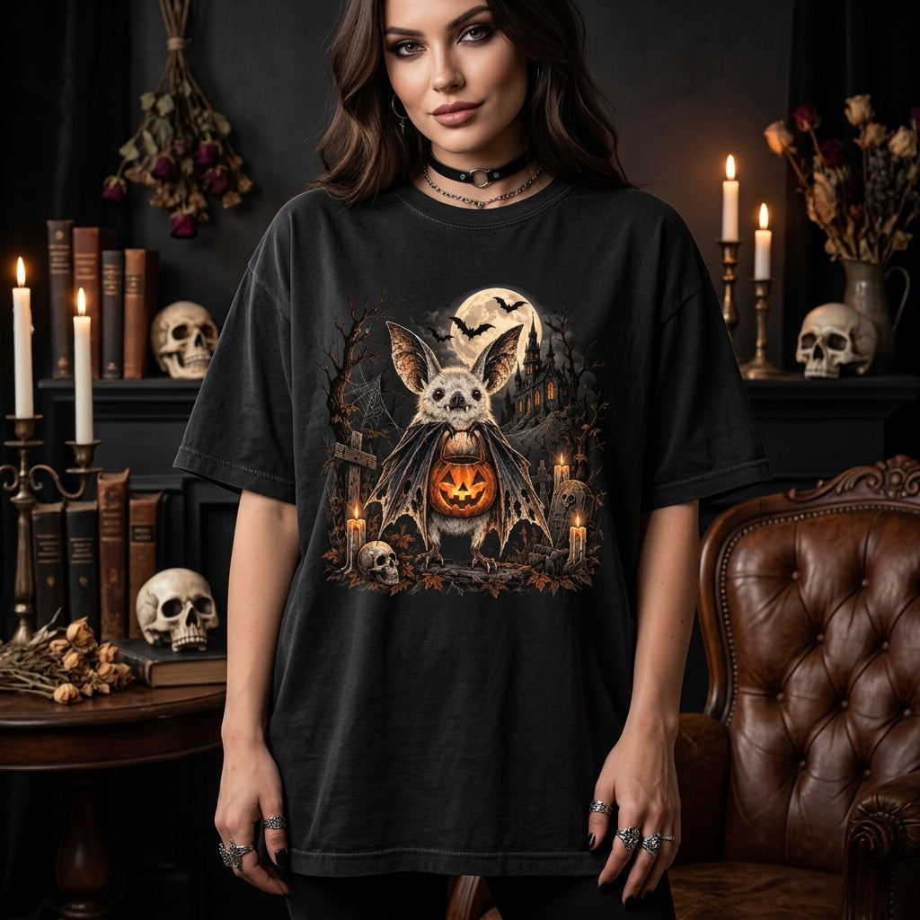 Spooky Bat with Jack-o'-lantern Halloween T-shirt Sweatshirt Hoodie - Gothic Graveyard Design - mockup 3