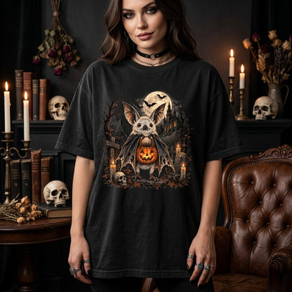 Spooky Bat with Jack-o'-lantern Halloween T-shirt Sweatshirt Hoodie - Gothic Graveyard Design - mockup 3