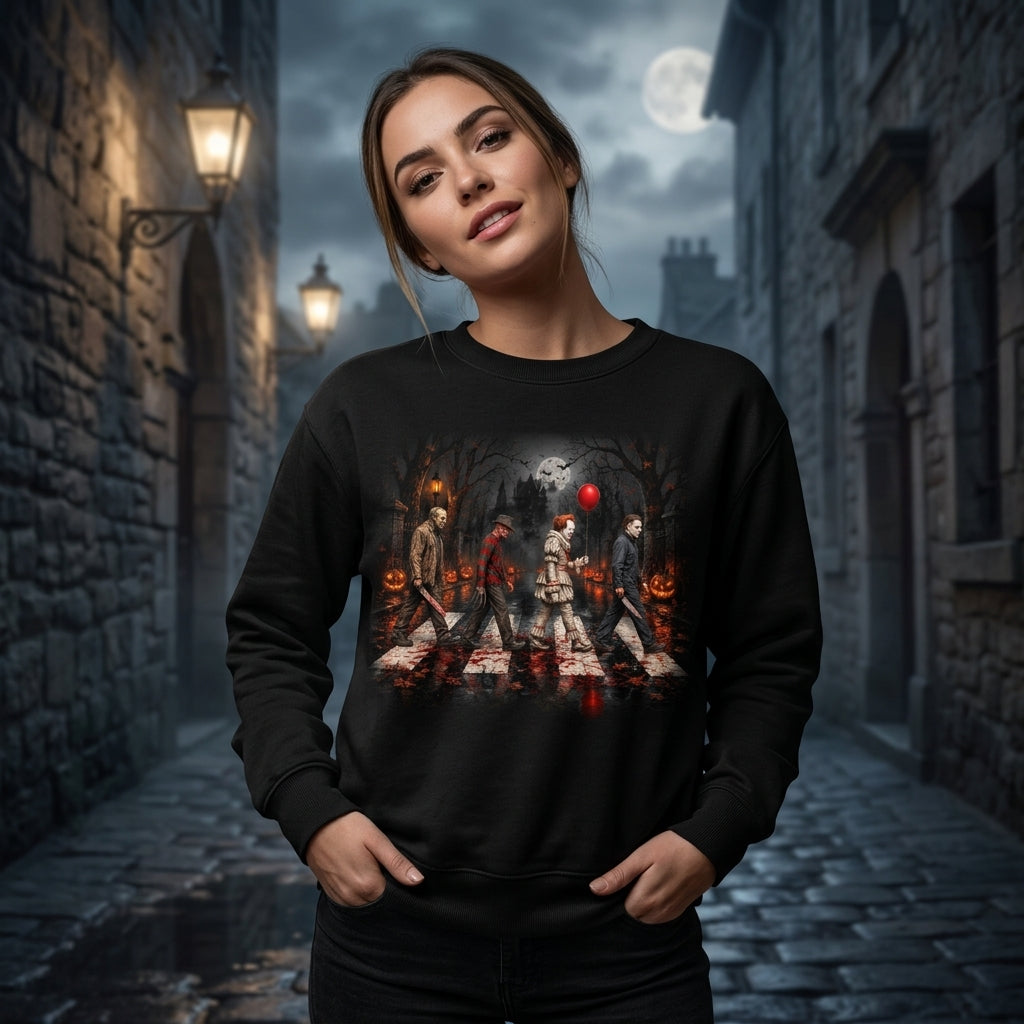 Horror Movie Icons Abbey Road Crossing T-shirt Sweatshirt Hoodie – Spooky Halloween Gift - mockup 1