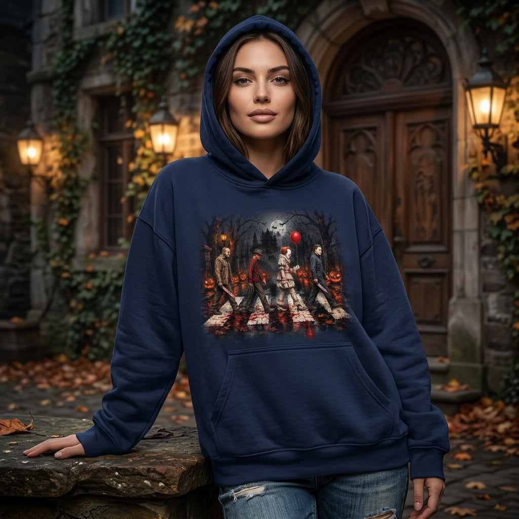 Horror Movie Icons Abbey Road Crossing T-shirt Sweatshirt Hoodie – Spooky Halloween Gift - mockup 2