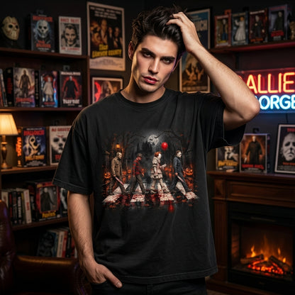 Horror Movie Icons Abbey Road Crossing T-shirt Sweatshirt Hoodie – Spooky Halloween Gift - mockup 3