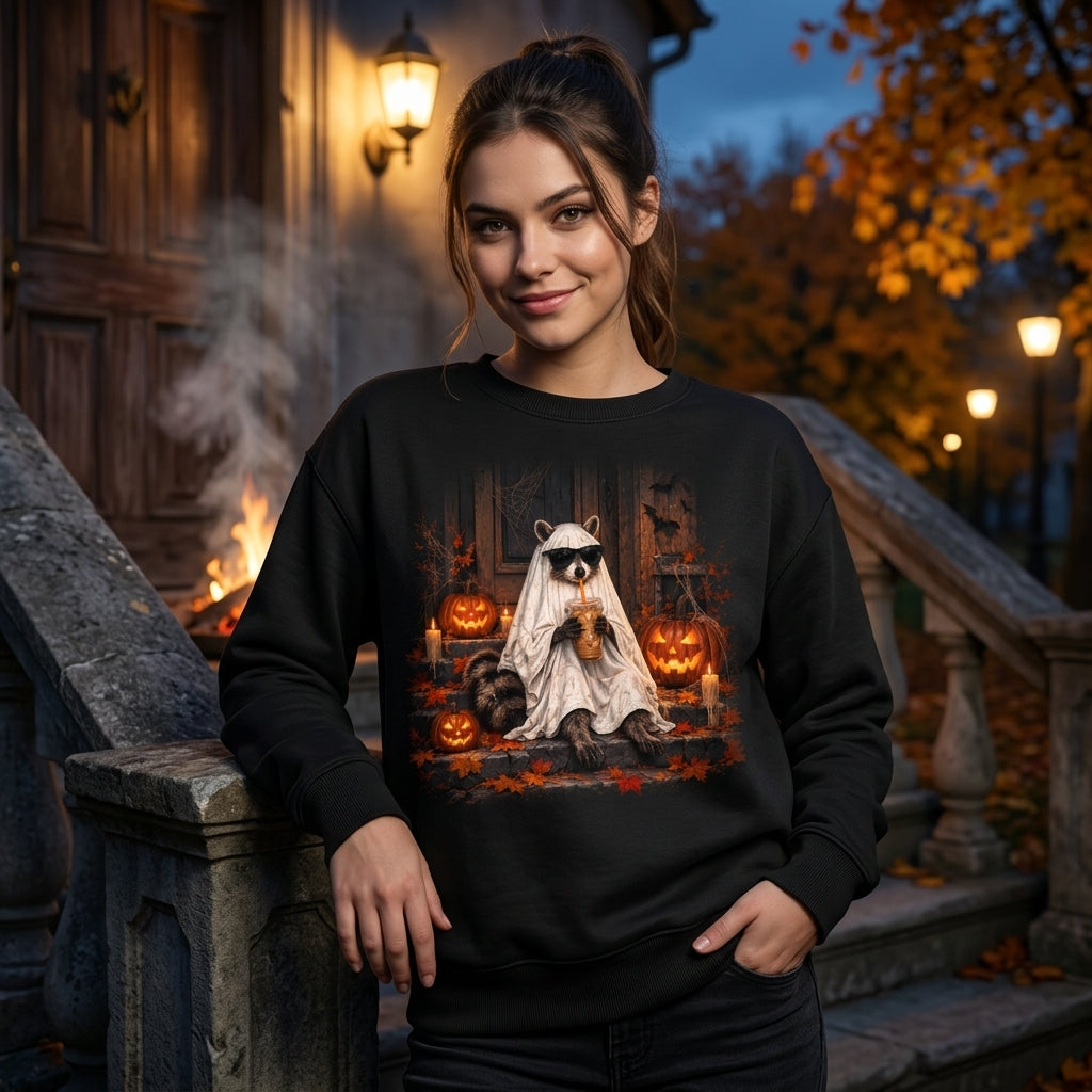 Ghost Raccoon with Sunglasses and Coffee Halloween T-shirt Sweatshirt Hoodie – Spooky Fall Gift - mockup 1