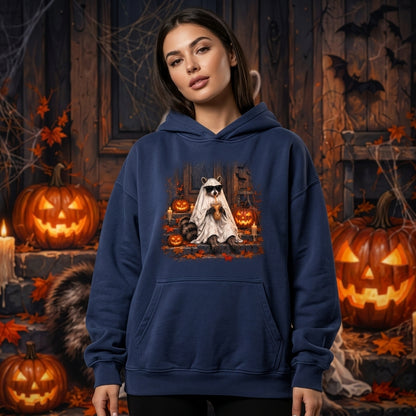Ghost Raccoon with Sunglasses and Coffee Halloween T-shirt Sweatshirt Hoodie – Spooky Fall Gift - mockup 2