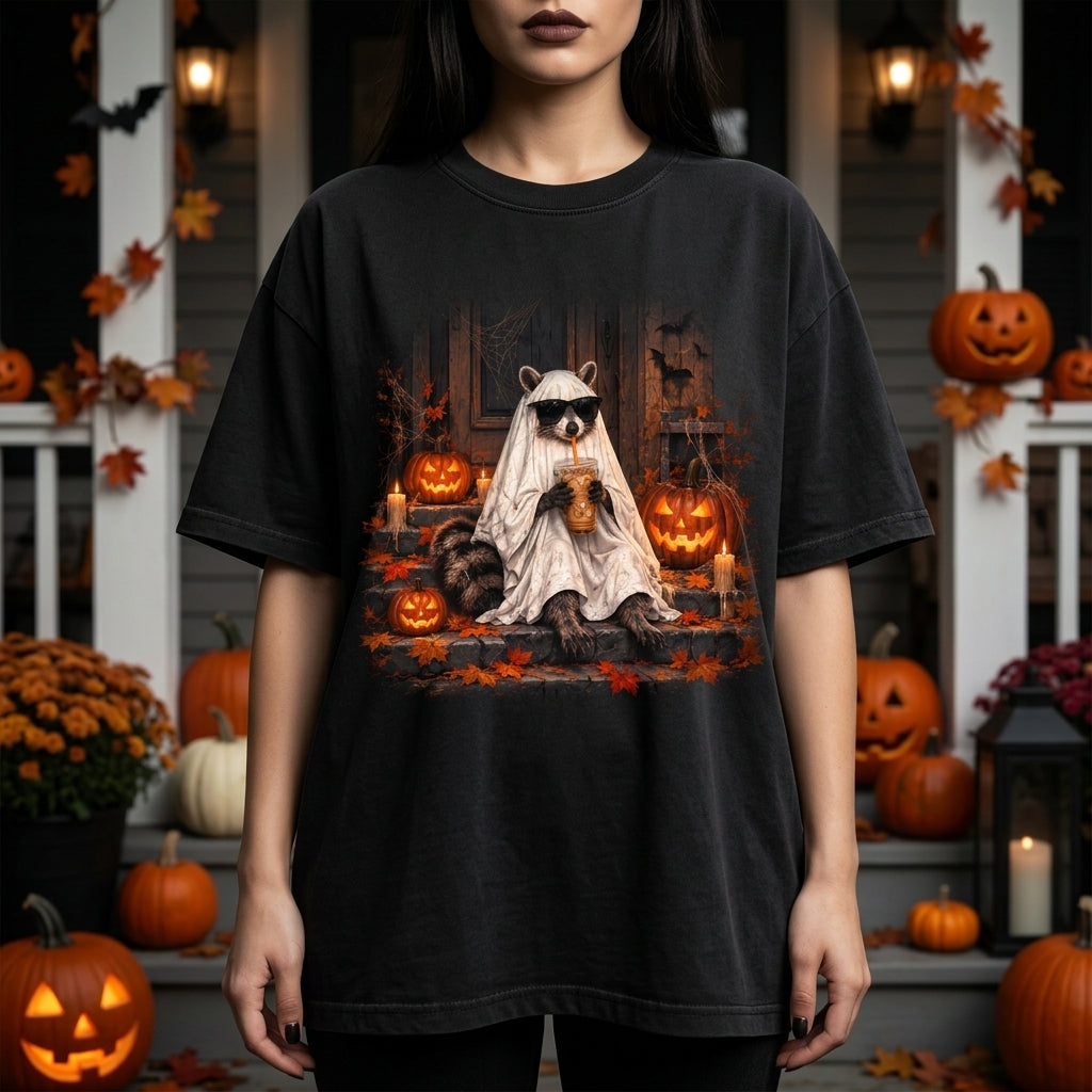 Ghost Raccoon with Sunglasses and Coffee Halloween T-shirt Sweatshirt Hoodie – Spooky Fall Gift - mockup 3